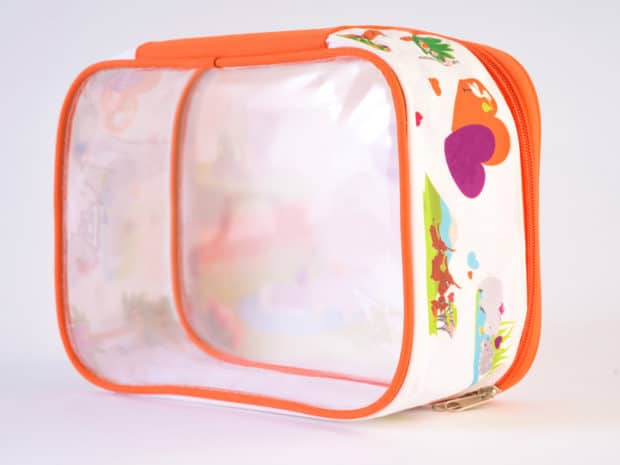 Polyester vanity case with transparent PVC bottom