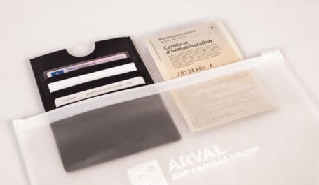 EVA pouch with leatherette card holder and transparent PVC pocket for vehicle registration card