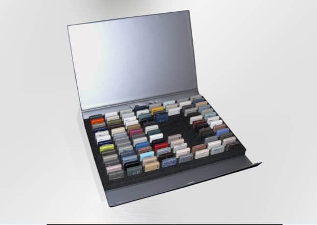 Stand-up display to hold a large number of samples in a compact PVC case