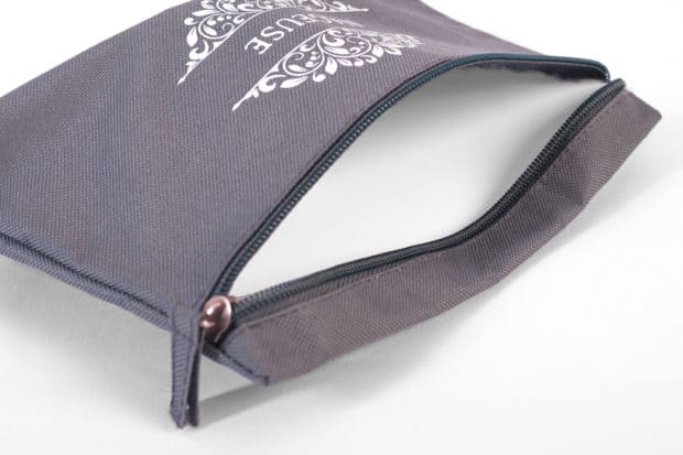 Polyester swimwear pouch with large opening and water-repellent lining