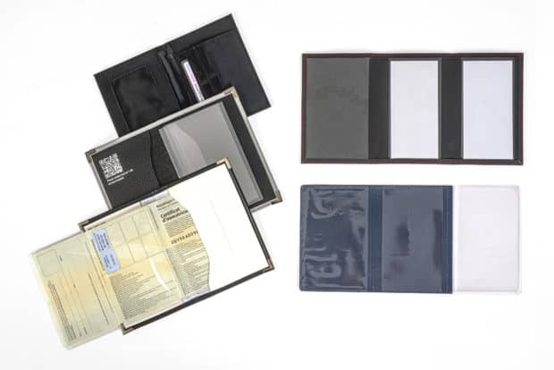 Custom-made vehicle registration wallets with foldable sleeve and additional compartments for driver's license, cards, ID etc