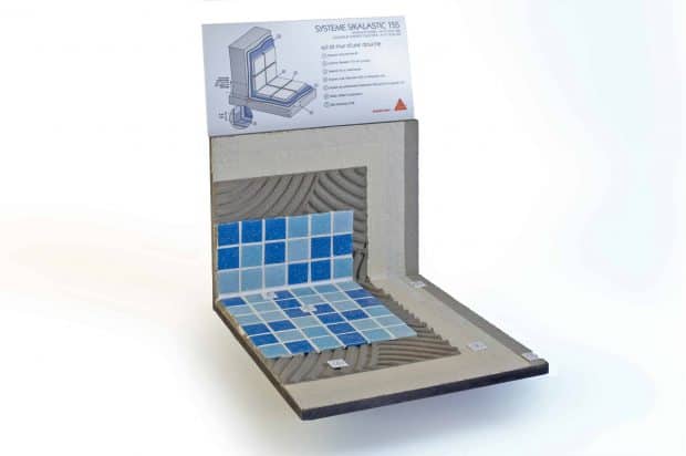 Maqueta de sistema para la impermeabilización dentro del sector de las piscinas en forma de L